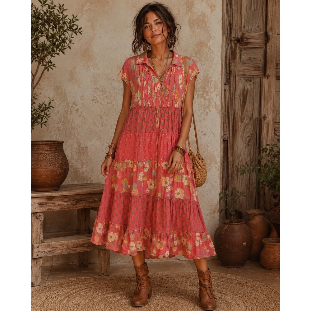 April Cornell Midi Dress Tiered Prairie Size Small Cotton Boho Artsy Lagenlook